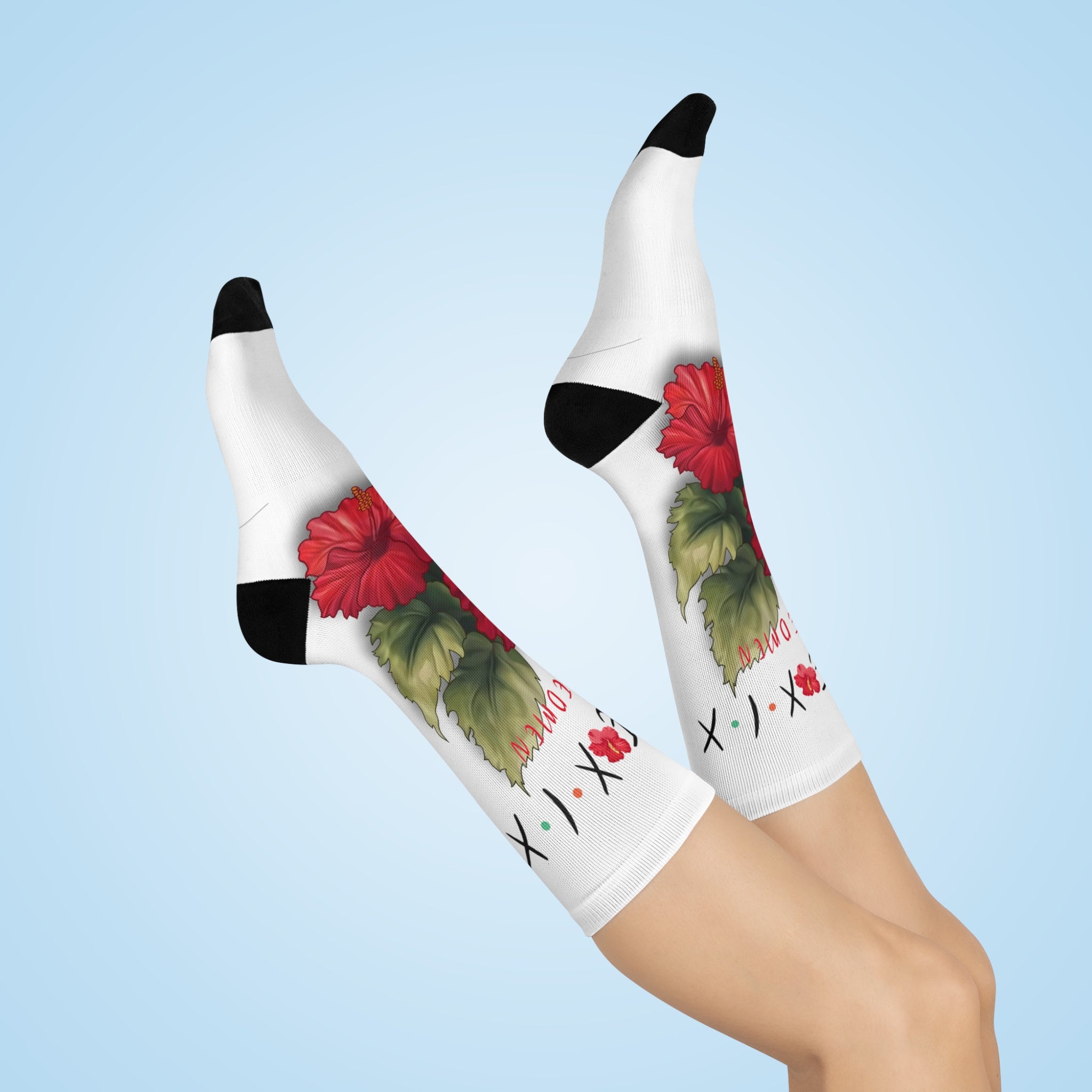 Cushioned Crew Socks — Red Hibiscus Floral 'Freedom' Design