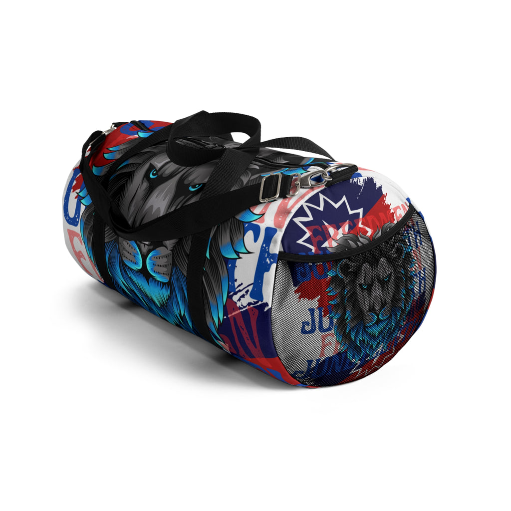 Blue Lion Graphic Duffel Bag — Bold Patriotic Street-Art Travel Bag