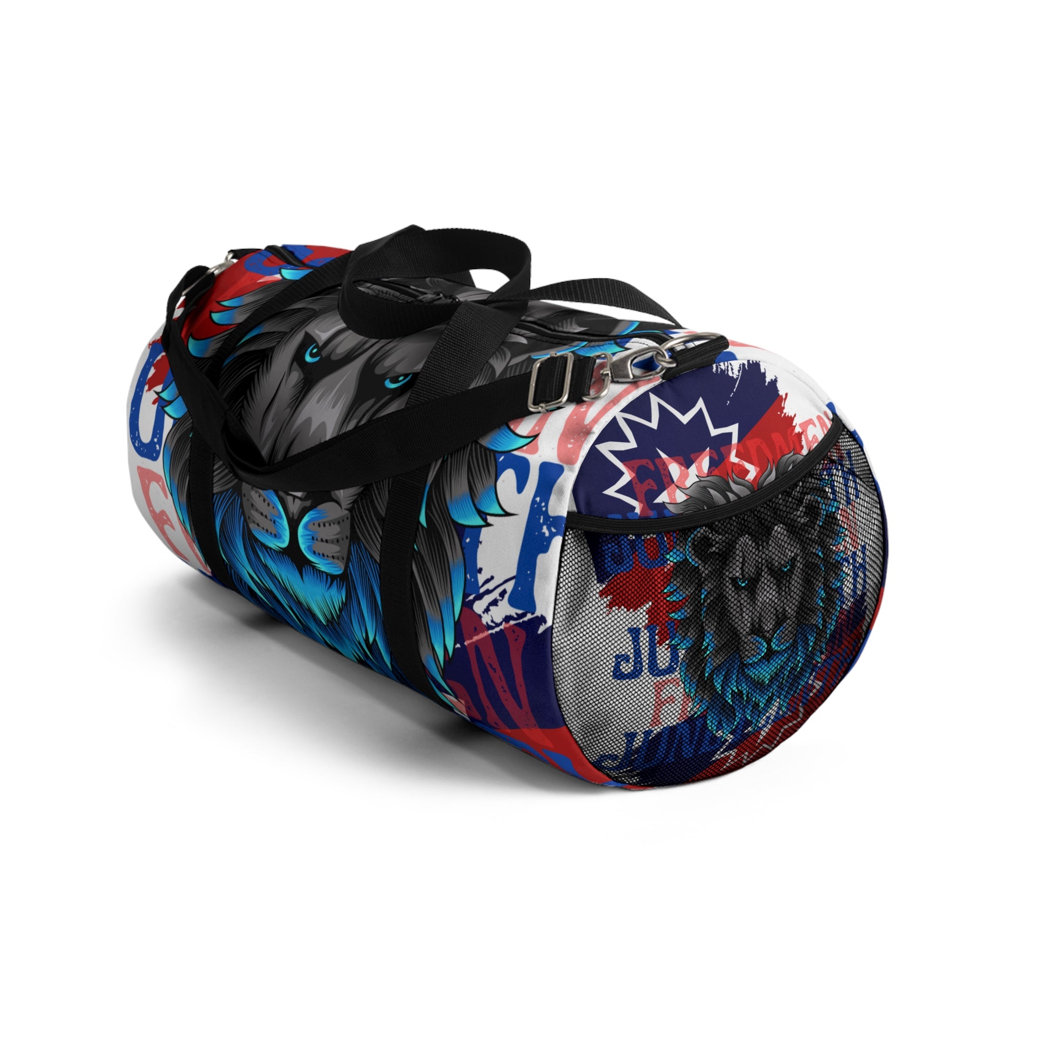 Blue Lion Graphic Duffel Bag — Bold Patriotic Street-Art Travel Bag