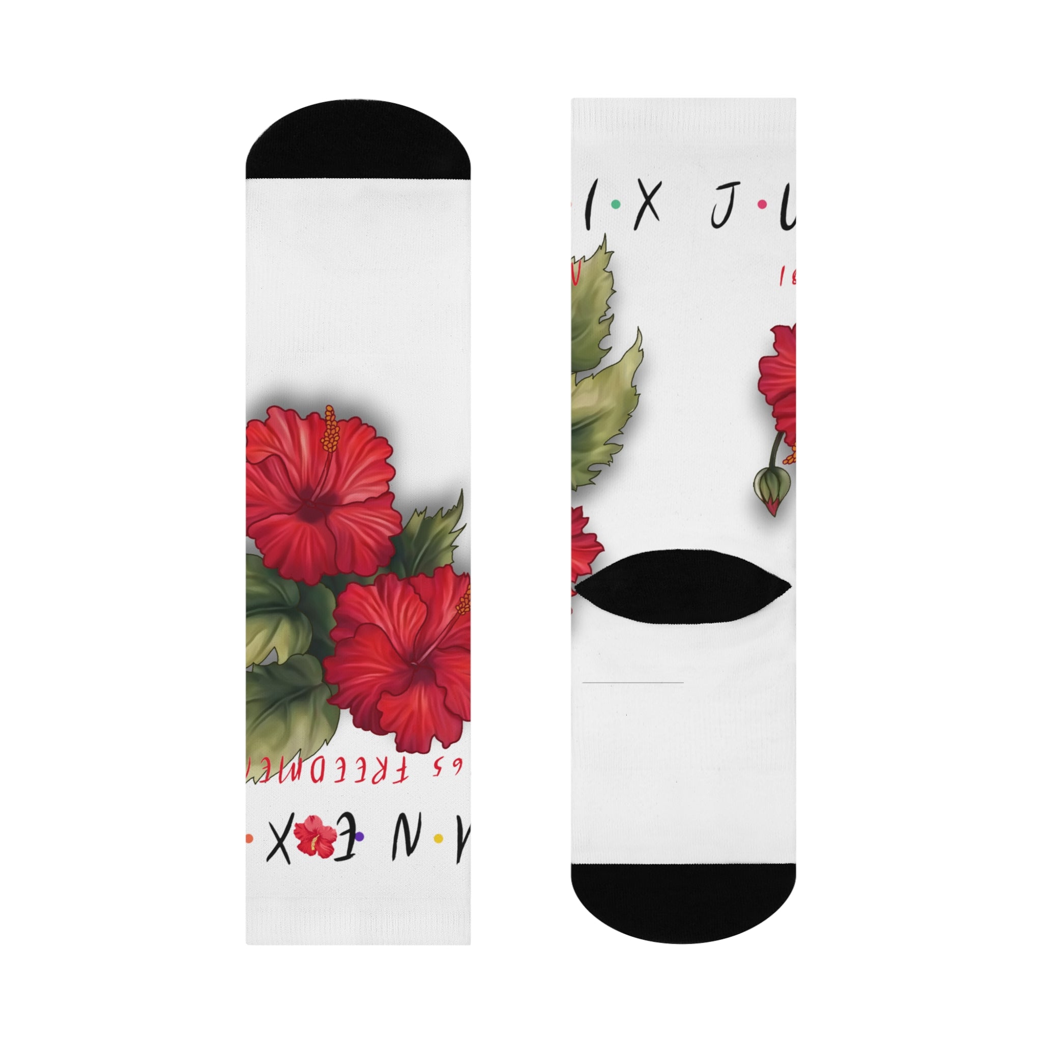 Cushioned Crew Socks — Red Hibiscus Floral 'Freedom' Design