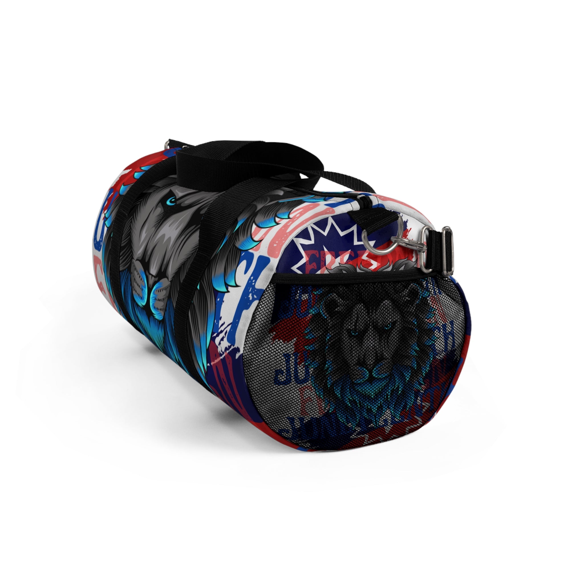 Blue Lion Graphic Duffel Bag — Bold Patriotic Street-Art Travel Bag