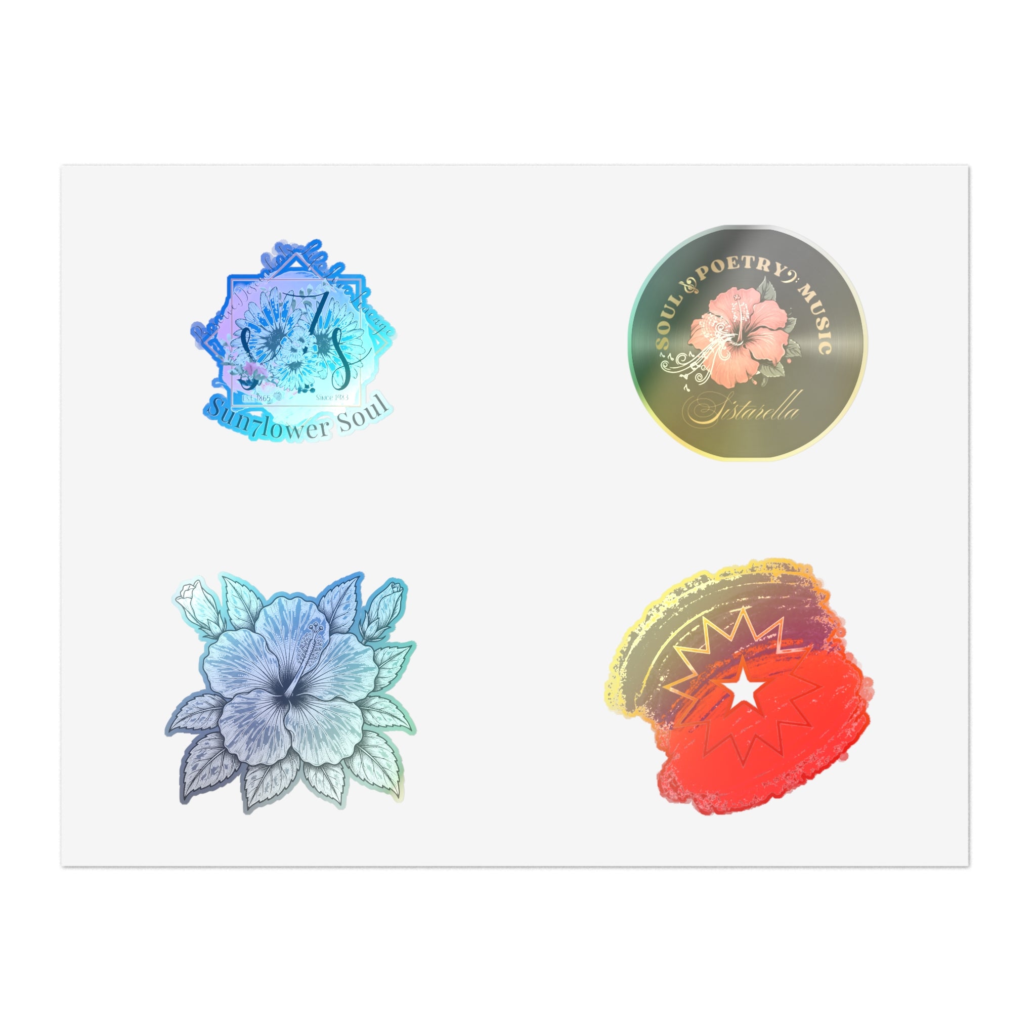 Floral Holographic Sticker Pack — 5-Piece Sunflower & Vintage Badge Designs