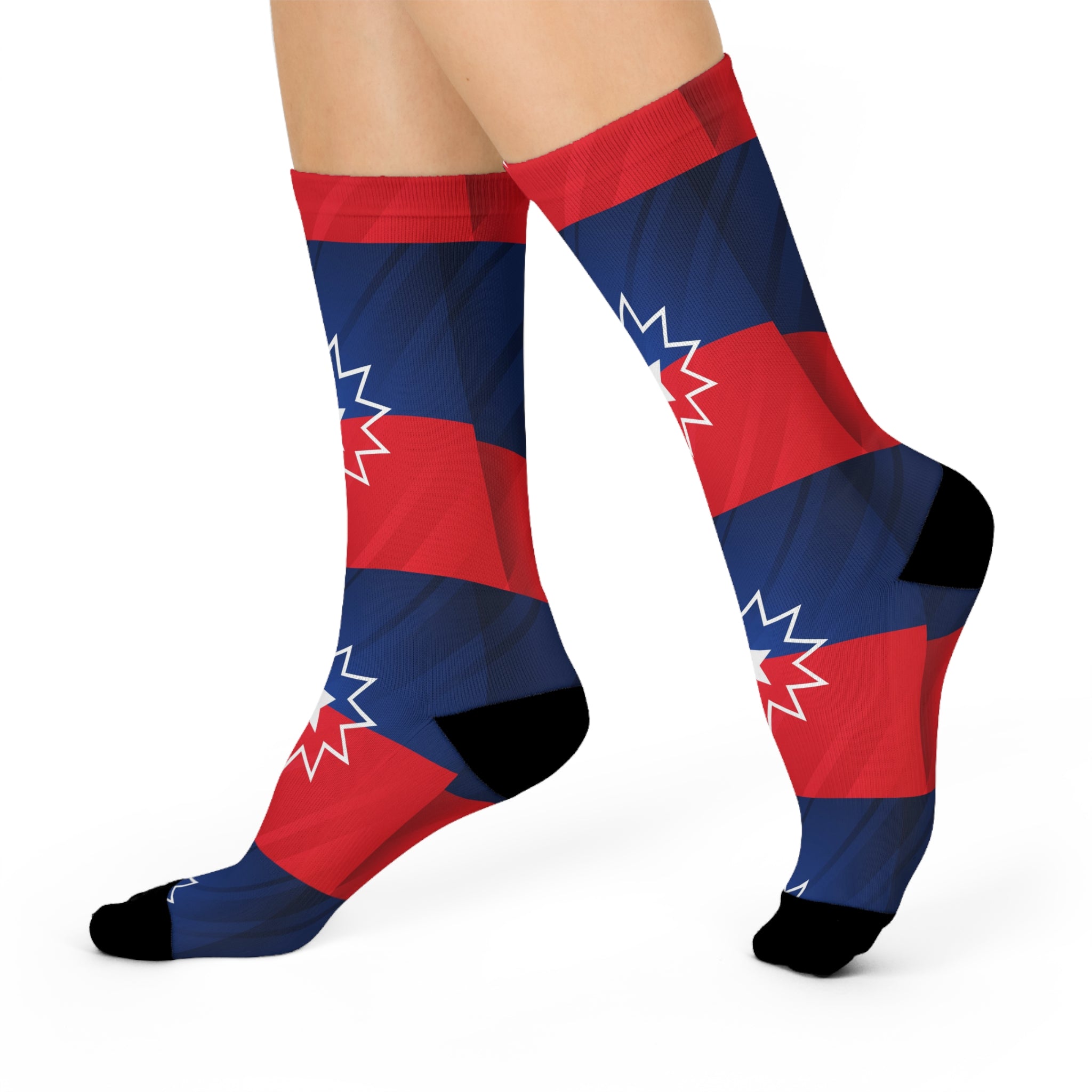 Patriotic Juneteenth Starburst Crew Socks – Cushioned Red & Navy Stripe Athletic Socks