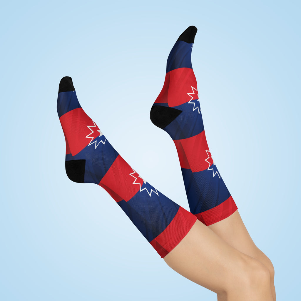 Patriotic Juneteenth Starburst Crew Socks – Cushioned Red & Navy Stripe Athletic Socks