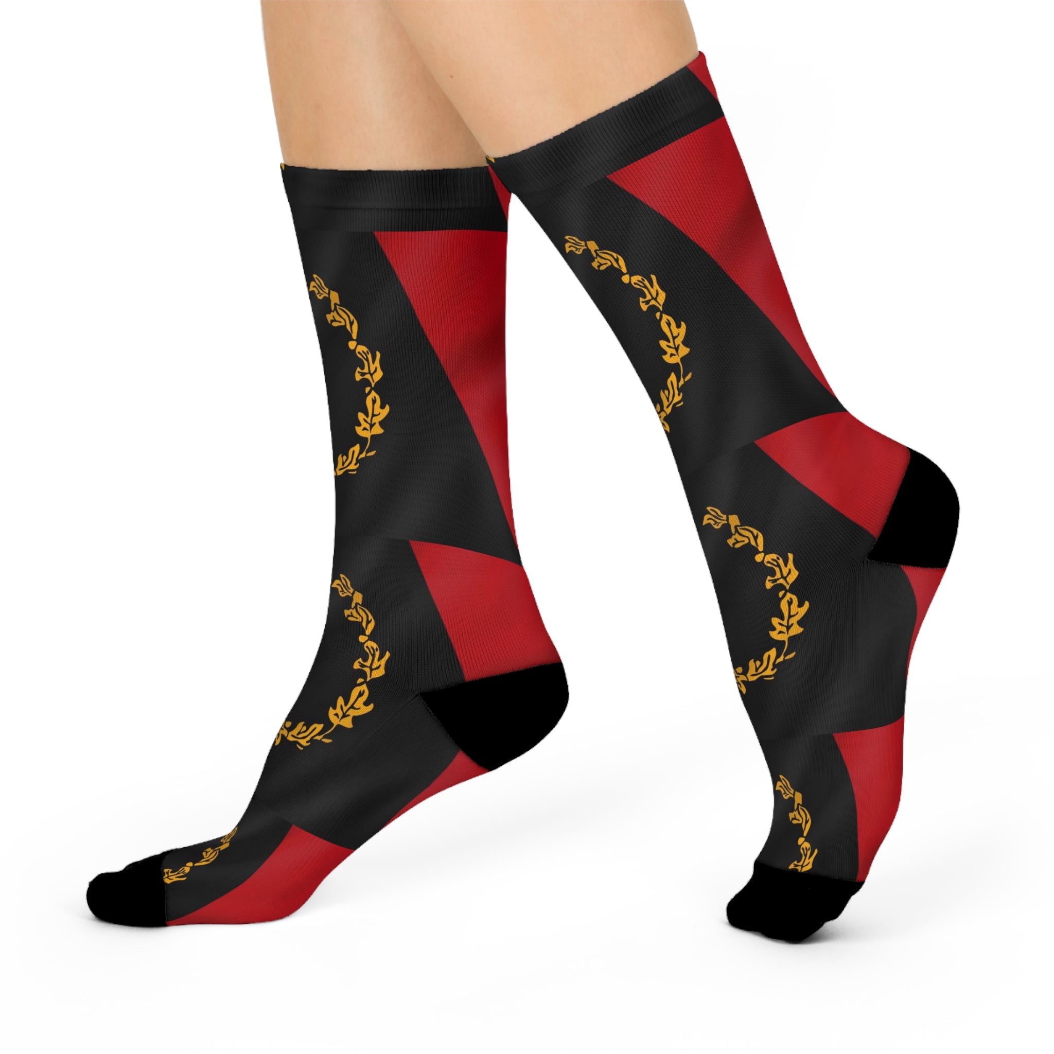 Cushioned Crew Socks — Black & Red Laurel Crest Pattern