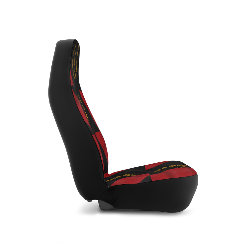 Car Seat Covers — Black & Red Geometric Pattern with Gold Laurel Emblem