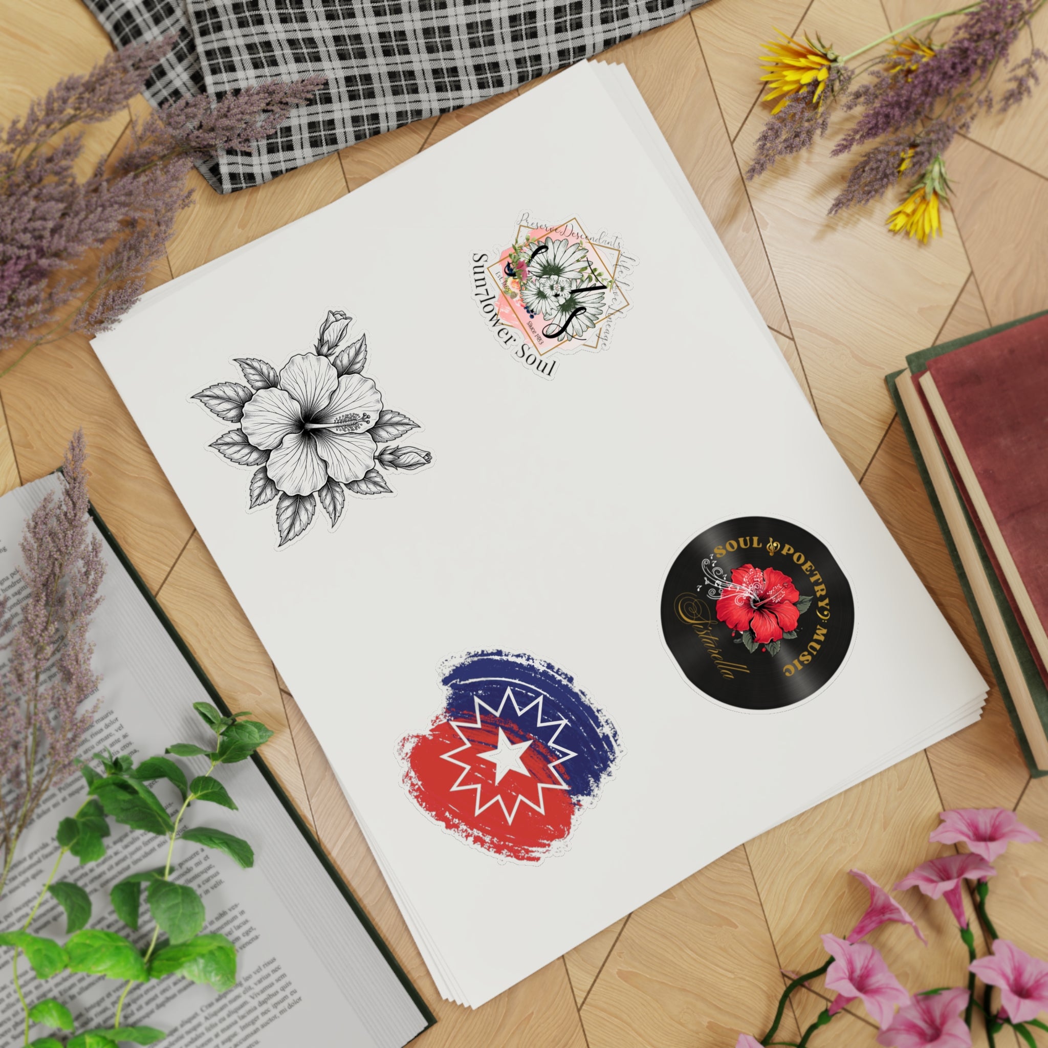 Floral Holographic Sticker Pack — 5-Piece Sunflower & Vintage Badge Designs