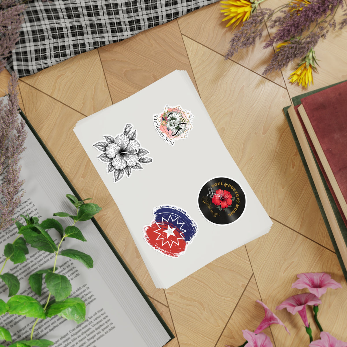 Floral Holographic Sticker Pack — 5-Piece Sunflower & Vintage Badge Designs