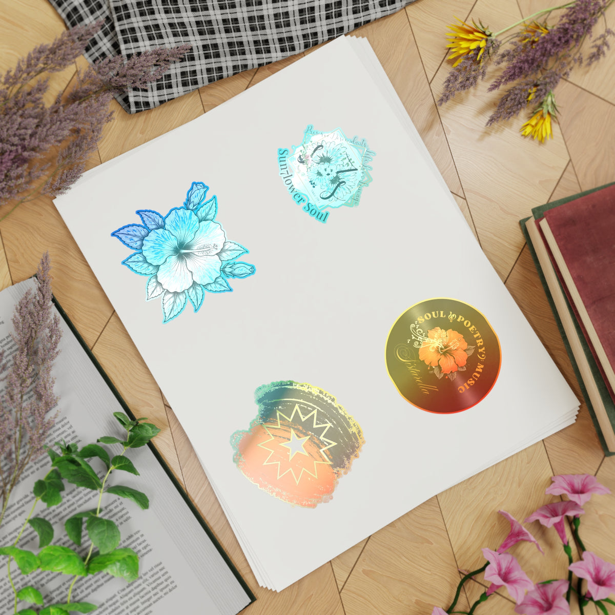 Floral Holographic Sticker Pack — 5-Piece Sunflower & Vintage Badge Designs