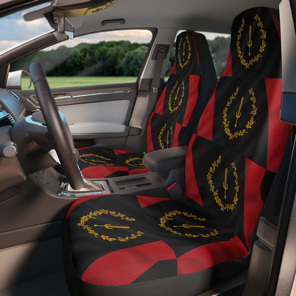Car Seat Covers — Black & Red Geometric Pattern with Gold Laurel Emblem