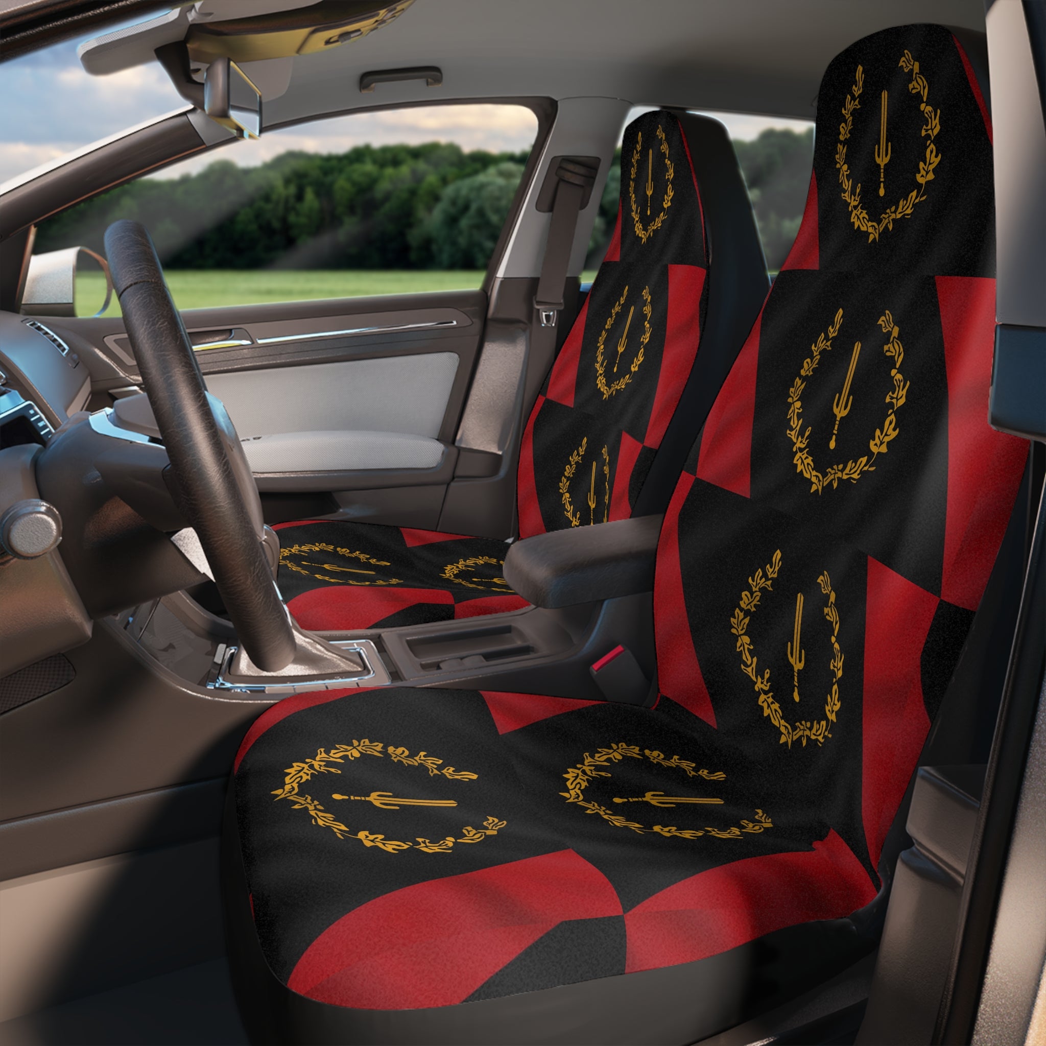 Car Seat Covers — Black & Red Geometric Pattern with Gold Laurel Emblem