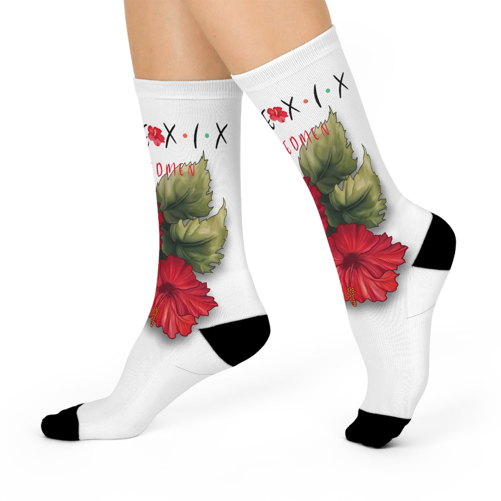 Cushioned Crew Socks — Red Hibiscus Floral 'Freedom' Design