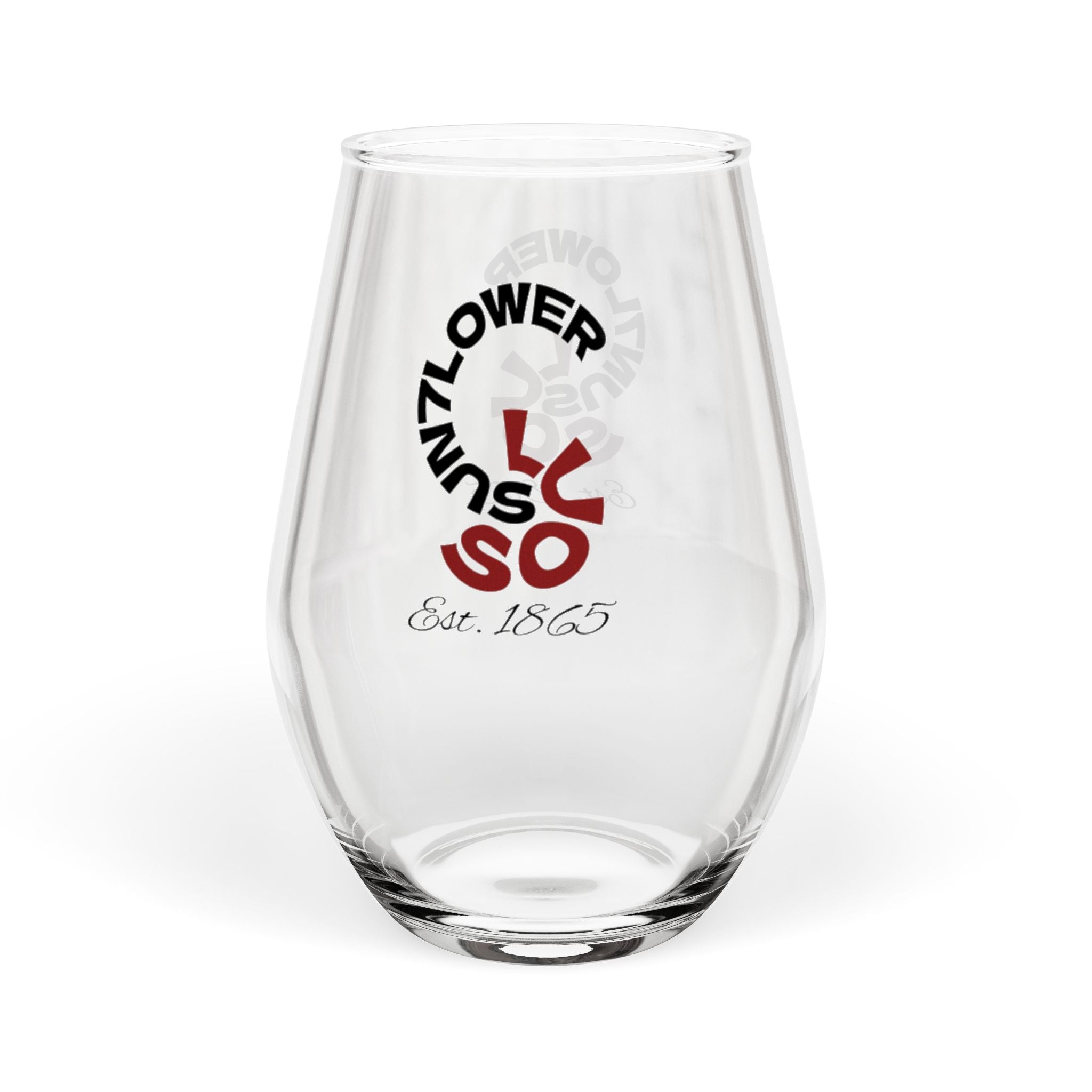 Stemless Wine Glass – 'Sunflower' Red Script Logo 11.75oz