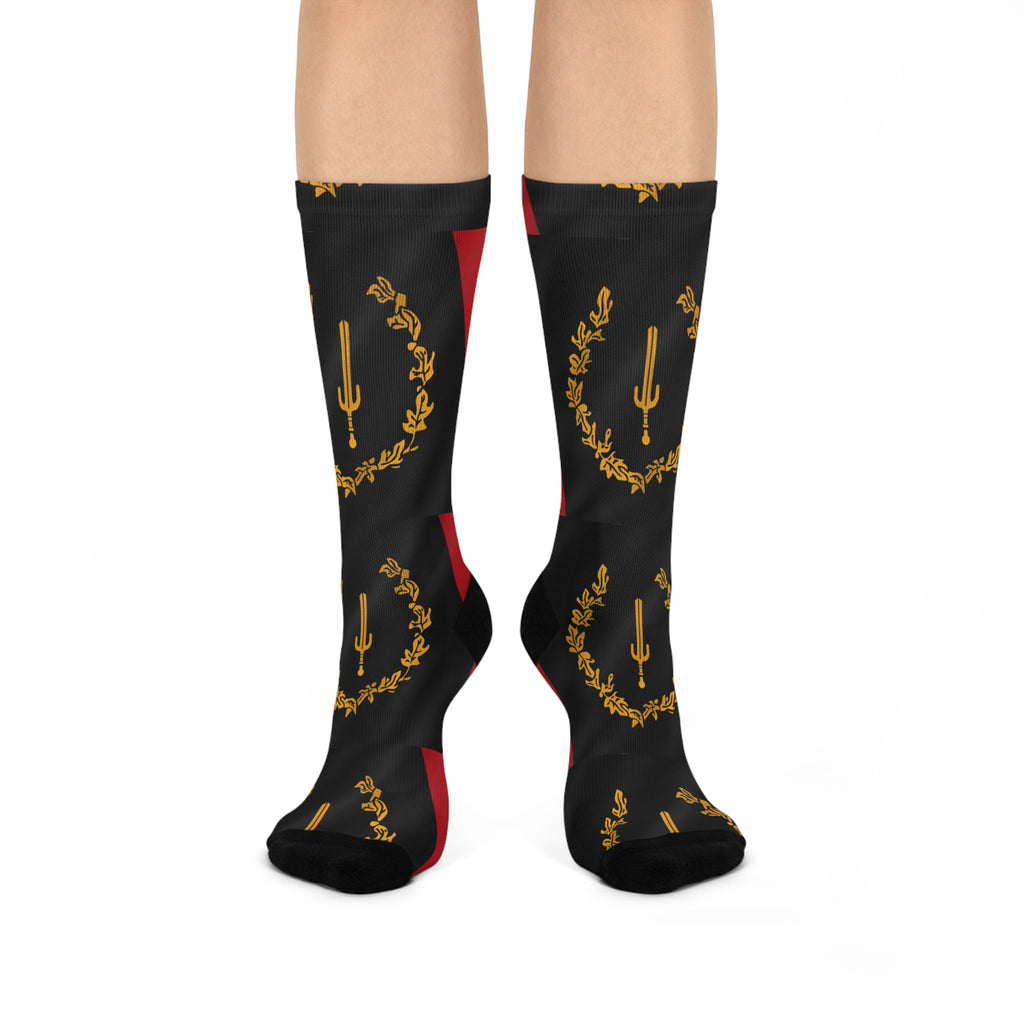 Cushioned Crew Socks — Black & Red Laurel Crest Pattern