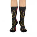 Cushioned Crew Socks — Black & Red Laurel Crest Pattern