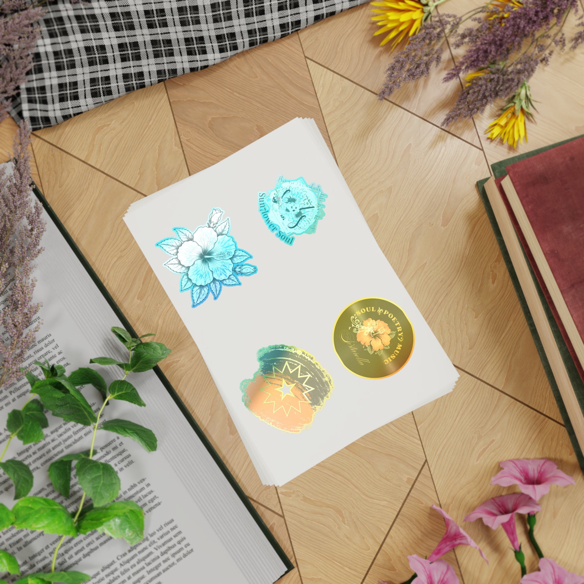 Floral Holographic Sticker Pack — 5-Piece Sunflower & Vintage Badge Designs