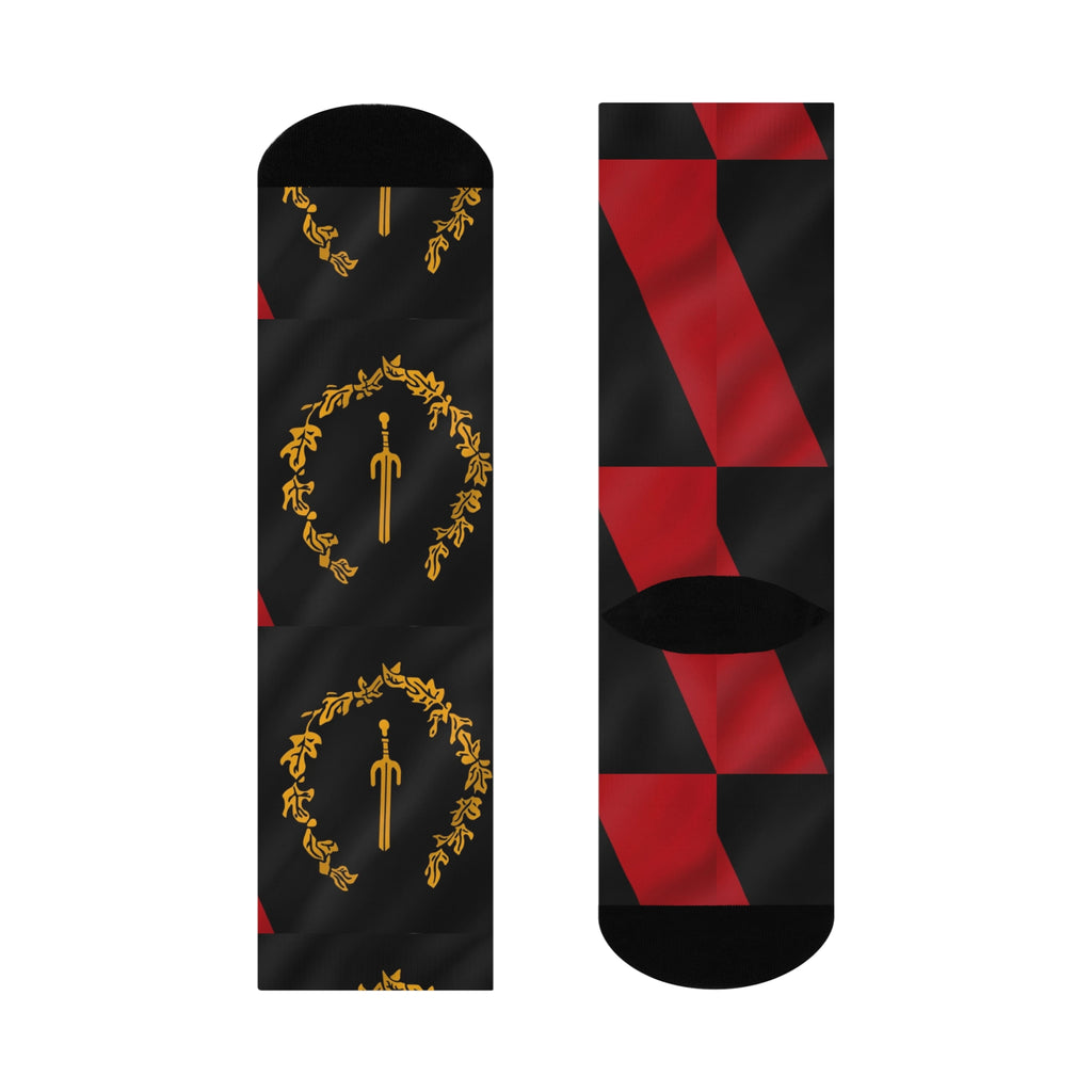 Cushioned Crew Socks — Black & Red Laurel Crest Pattern