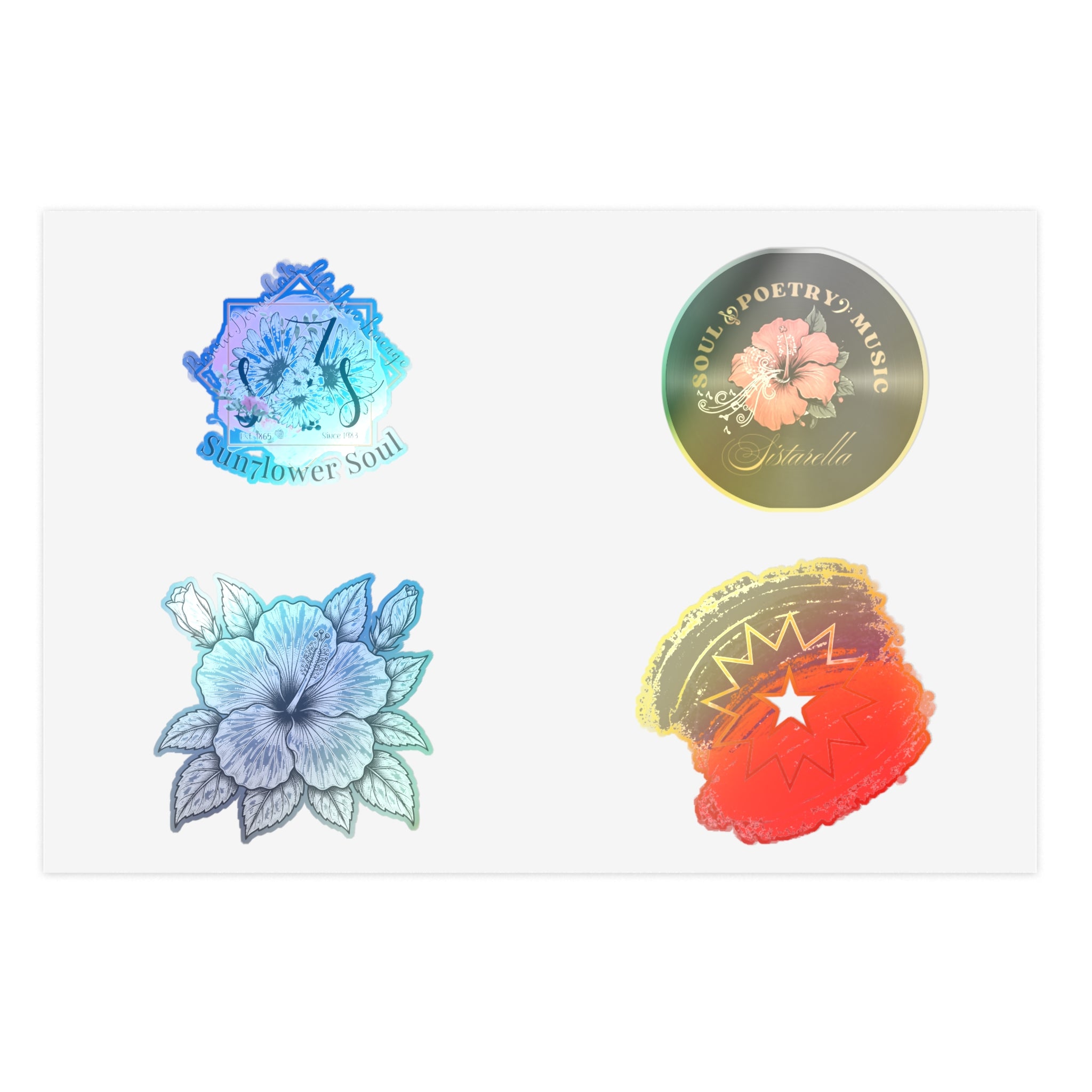 Floral Holographic Sticker Pack — 5-Piece Sunflower & Vintage Badge Designs