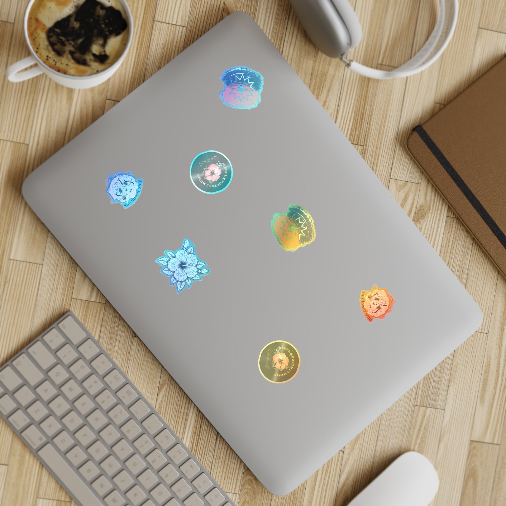 Floral Holographic Sticker Pack — 5-Piece Sunflower & Vintage Badge Designs