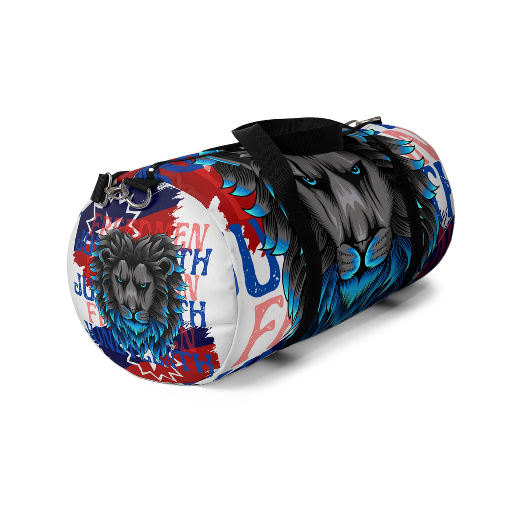 Blue Lion Graphic Duffel Bag — Bold Patriotic Street-Art Travel Bag