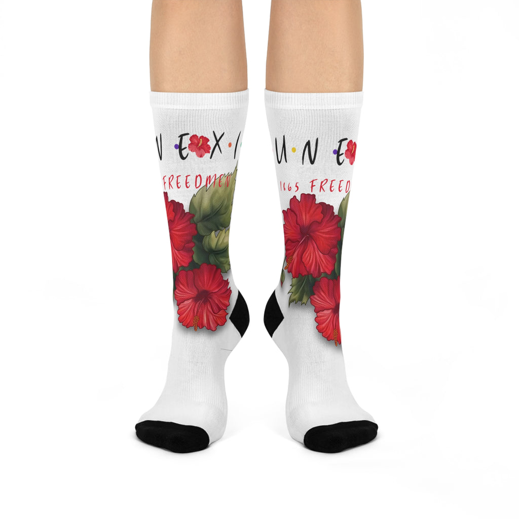 Cushioned Crew Socks — Red Hibiscus Floral 'Freedom' Design