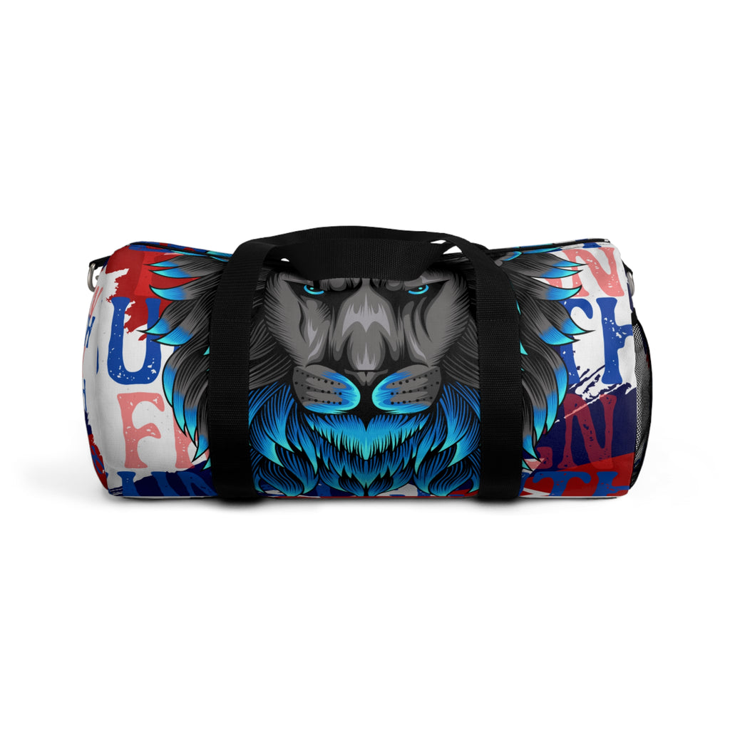 Blue Lion Graphic Duffel Bag — Bold Patriotic Street-Art Travel Bag